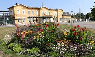 Da blüht noch was: Vor dem Bahnhof ist es in den Blumenbeeten bunt. Dem Rasen ist die Trockenheit indes anzusehen. - Marion Pokorra-Brockschmidt Da blüht noch was: Vor dem Bahnhof ist es in den Blumenbeeten bunt. Dem Rasen ist die Trockenheit indes anzusehen. - Marion Pokorra-Brockschmidt