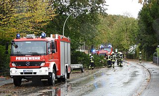 Die Feuerwehrleute waren an der Harsewinkeler Wadenhardstraße damit beschäftigt, die umgestürzten Bäume zu beseitigen. - Andreas Eickhoff Die Feuerwehrleute waren an der Harsewinkeler Wadenhardstraße damit beschäftigt, die umgestürzten Bäume zu beseitigen. - Andreas Eickhoff