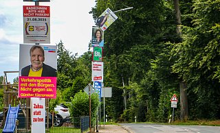 Der Laternenmast am Elverdisser Ortseingang ist mit Wahlwerbung verschiedener Parteien regelrecht überfrachtet. - Daniel Salmon Der Laternenmast am Elverdisser Ortseingang ist mit Wahlwerbung verschiedener Parteien regelrecht überfrachtet. - Daniel Salmon