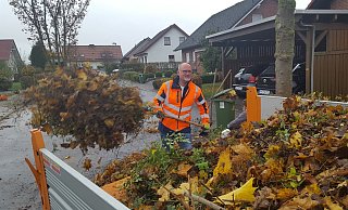 Mit Schwung räumt er auf: Nieheims Bürgermeister Johannes Schlütz kümmert sich gemeinsam mit Mitarbeitern des Bauhofs um die Laubmassen in der Neuen Siedlung in Sommersell. - Madita Schellenberg Mit Schwung räumt er auf: Nieheims Bürgermeister Johannes Schlütz kümmert sich gemeinsam mit Mitarbeitern des Bauhofs um die Laubmassen in der Neuen Siedlung in Sommersell. - Madita Schellenberg