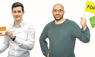 Vier neue Gesichter in den Parteien: Tobias Betke (27) hat das Parteibuch der SPD, Niklas Karow (19) macht die CDU jünger, Dominik J. (38) hält die Fahne der FDP hoch, Nassan Youssef (35) die der Grünen. - Andreas Zobe/Andreas Frücht Vier neue Gesichter in den Parteien: Tobias Betke (27) hat das Parteibuch der SPD, Niklas Karow (19) macht die CDU jünger, Dominik J. (38) hält die Fahne der FDP hoch, Nassan Youssef (35) die der Grünen. - Andreas Zobe/Andreas Frücht