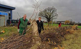 Manuel Heidbrink (r.) freut sich, dass Friedhelm Diebrok vom NABU und seine fünf Kollegen sich um den Neuaufbau der Hecke auf seinem Grundstück kümmern. - Andreas Sundermeier Manuel Heidbrink (r.) freut sich, dass Friedhelm Diebrok vom NABU und seine fünf Kollegen sich um den Neuaufbau der Hecke auf seinem Grundstück kümmern. - Andreas Sundermeier