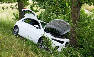 Kurz vor dem Bürener Kapellenberg kam die Mercedes-Fahrerrin mit ihrem Wagen nach links von der Fahrbahn ab und streifte einen Straßenbaum und prallte dann gegen einen weiteren Baum. - Ralph Meyer Kurz vor dem Bürener Kapellenberg kam die Mercedes-Fahrerrin mit ihrem Wagen nach links von der Fahrbahn ab und streifte einen Straßenbaum und prallte dann gegen einen weiteren Baum. - Ralph Meyer