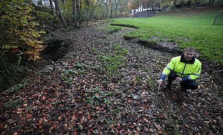 Carsten Vogt, Landschaftsarchitekt und Wasserbauingenieur, zeigt, wie flach das neue Bett im Unterlauf des Ziegenbachs angelegt ist. Der Bach hat sich in seinem alten Bett (links) schon zwei Meter tief in die Landschaft eigegraben. - Jörg Stuke Carsten Vogt, Landschaftsarchitekt und Wasserbauingenieur, zeigt, wie flach das neue Bett im Unterlauf des Ziegenbachs angelegt ist. Der Bach hat sich in seinem alten Bett (links) schon zwei Meter tief in die Landschaft eigegraben. - Jörg Stuke