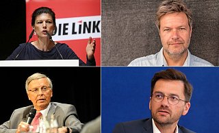 Sahra Wagenknecht (Linke), Robert Habeck (Grüne), Wolfgang Bosbach (CDU) und Thomas Kutschaty (SPD; im Uhrzeigersinn) kommen zum Bundestagswahlkampf nach Paderborn. - P. Menzel/Die Grünen/J. Spreen-Ledebur/W. Rudolf Sahra Wagenknecht (Linke), Robert Habeck (Grüne), Wolfgang Bosbach (CDU) und Thomas Kutschaty (SPD; im Uhrzeigersinn) kommen zum Bundestagswahlkampf nach Paderborn. - P. Menzel/Die Grünen/J. Spreen-Ledebur/W. Rudolf