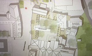 Die Ansicht zeigt das gesamte Ensemble mit dem Rathaus (links), der Münsterkirche (unten), dem neuen kompakten Gebäude und seinem Anbau (oben) und den Gebäuden der Evangelischen Kirche mit Gemeindesaal und Diakoniestation (rechts oben). Zwischen dem neuen Kompaktbau und der Münsterkirche liegt die Wolderuskapelle, die an beide Gebäude mit einem angedeuteten Kreuzgang verbunden wird. - Architekturbüros Pfeiffer, Ellermann, Preckel Die Ansicht zeigt das gesamte Ensemble mit dem Rathaus (links), der Münsterkirche (unten), dem neuen kompakten Gebäude und seinem Anbau (oben) und den Gebäuden der Evangelischen Kirche mit Gemeindesaal und Diakoniestation (rechts oben). Zwischen dem neuen Kompaktbau und der Münsterkirche liegt die Wolderuskapelle, die an beide Gebäude mit einem angedeuteten Kreuzgang verbunden wird. - Architekturbüros Pfeiffer, Ellermann, Preckel