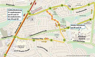 Der Bus würde auf dem Rückweg vom Klinikum die Straßen Am Hundebach, An der None und Ortsieker Weg nicht mehr befahren. - Stadt Herford/Schultheiß Der Bus würde auf dem Rückweg vom Klinikum die Straßen Am Hundebach, An der None und Ortsieker Weg nicht mehr befahren. - Stadt Herford/Schultheiß