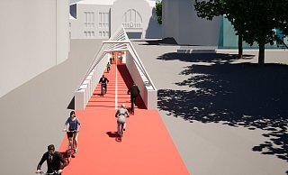 Bereits 2021 hatte der Radentscheid eine Radstation im Bunker unter dem Bahnhofsplatz mit Zufahrt-Rampe vorgeschlagen (Entwurf). - Radentscheid Bielefeld Bereits 2021 hatte der Radentscheid eine Radstation im Bunker unter dem Bahnhofsplatz mit Zufahrt-Rampe vorgeschlagen (Entwurf). - Radentscheid Bielefeld
