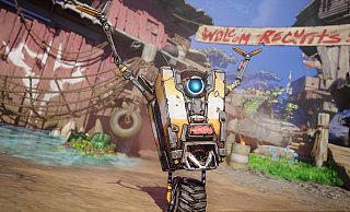 Claptrap, der freundliche Roboter, begrüßt uns glücklich als neuer Rekrut. Wir dürfen ihm direkt mit einem riesigen kaputten Aufzug helfen. - Gearbox Software Claptrap, der freundliche Roboter, begrüßt uns glücklich als neuer Rekrut. Wir dürfen ihm direkt mit einem riesigen kaputten Aufzug helfen. - Gearbox Software