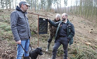 Förster Markus Uhr (r.) erläutert Carsten Schäffer (l., mit Labrador Cleo) und Peter Blankenstein eine Falle für die Borkenkäfer. - Jörg Stuke Förster Markus Uhr (r.) erläutert Carsten Schäffer (l., mit Labrador Cleo) und Peter Blankenstein eine Falle für die Borkenkäfer. - Jörg Stuke