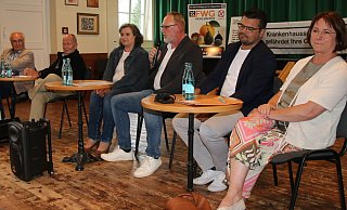 Teilnehmer der Diskussionsrunde im Bahnhof Rahden waren Klaus Peitzmeier (v. l.), Arno Kuge, Elke Meier-Edelmann, Sven Jark, Florian Haase und Bianca Winkelmann. Bürgermeister Bert Honsel hatte krankheitsbedingt abgesagt. - Frank Hartmann Teilnehmer der Diskussionsrunde im Bahnhof Rahden waren Klaus Peitzmeier (v. l.), Arno Kuge, Elke Meier-Edelmann, Sven Jark, Florian Haase und Bianca Winkelmann. Bürgermeister Bert Honsel hatte krankheitsbedingt abgesagt. - Frank Hartmann