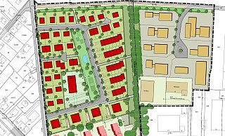 Das Wohngebiet (rot) ist östlich des Sieler Weges geplant. Der Grünzug in der Mitte trennt Wohngebiet (links) vom geplanten Gewerbegebiet (rechts, gelb). - Stadt Enger/Tischmann Loh Stadtplaner PartGmbH Das Wohngebiet (rot) ist östlich des Sieler Weges geplant. Der Grünzug in der Mitte trennt Wohngebiet (links) vom geplanten Gewerbegebiet (rechts, gelb). - Stadt Enger/Tischmann Loh Stadtplaner PartGmbH