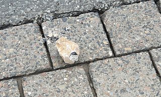 Auch wenn die Steine von der Straße geräumt wurden, sind am Straßenrand sind noch vereinzelte Steinbrocken zu sehen, die wahrscheinlich von der verlorenen Ladung stammen. - Elena Ahler Auch wenn die Steine von der Straße geräumt wurden, sind am Straßenrand sind noch vereinzelte Steinbrocken zu sehen, die wahrscheinlich von der verlorenen Ladung stammen. - Elena Ahler