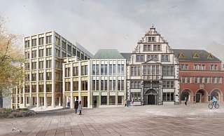 So sieht die Planung für das Gebäudeensemble am Marienplatz aus. Im großen Flachdach-Nebau links soll unter anderem der Bürgerservice einziehen. Daneben, anstelle des abgerissenen Hutgeschäfts, soll ein Gebäudetrakt mit Café entstehen. Im Heisingschen Haus mit der denkmalgeschützten Fassade soll die Touristik-Information unterkommen, im Gebäude rechts die Boss-Wache. - Visualisierung: Stadt Paderborn So sieht die Planung für das Gebäudeensemble am Marienplatz aus. Im großen Flachdach-Nebau links soll unter anderem der Bürgerservice einziehen. Daneben, anstelle des abgerissenen Hutgeschäfts, soll ein Gebäudetrakt mit Café entstehen. Im Heisingschen Haus mit der denkmalgeschützten Fassade soll die Touristik-Information unterkommen, im Gebäude rechts die Boss-Wache. - Visualisierung: Stadt Paderborn