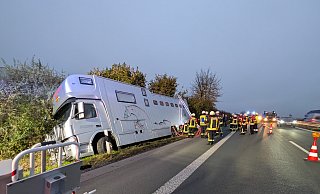 Kurz vor dem Parkplatz Letzter Heller ist ein Pferdetransporter aus ungeklärter Ursache in den Graben gerutscht. - Freiwillige Feuerwehr Borchen Kurz vor dem Parkplatz Letzter Heller ist ein Pferdetransporter aus ungeklärter Ursache in den Graben gerutscht. - Freiwillige Feuerwehr Borchen