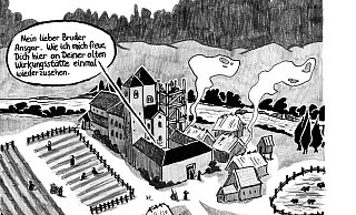 Das Kloster ist im 9. Jahrhundert noch wesentlich kleiner als jetzt. Das Gerüst zeigt die Baustelle des Westwerks. Tatsächlich wurde die heutige Welterbe-Stätte jedoch einige Jahrzehnte später errichtet. - Zeichnung: Jens Natter Das Kloster ist im 9. Jahrhundert noch wesentlich kleiner als jetzt. Das Gerüst zeigt die Baustelle des Westwerks. Tatsächlich wurde die heutige Welterbe-Stätte jedoch einige Jahrzehnte später errichtet. - Zeichnung: Jens Natter