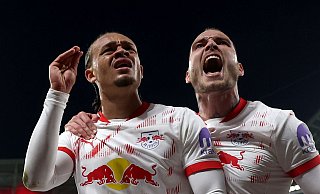 Xavi Simons richtet seinen Jubel gegen die RB-Fans. - Jan Woitas/dpa Xavi Simons richtet seinen Jubel gegen die RB-Fans. - Jan Woitas/dpa