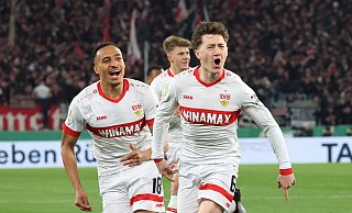 Arminias Gegner: Die Halbfinal-Torschützen Jamie Leweling (l.) und Angelo Stiller haben sich mit dem VfB Stuttgart für das DFB-Pokalendspiel in Berlin qualifiziert. - IMAGO/Pressefoto Baumann Arminias Gegner: Die Halbfinal-Torschützen Jamie Leweling (l.) und Angelo Stiller haben sich mit dem VfB Stuttgart für das DFB-Pokalendspiel in Berlin qualifiziert. - IMAGO/Pressefoto Baumann