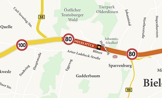 Die neue Regelung gilt ab der Brücke Haller Weg 800 Meter in Richtung stadtauswärts und ab da auch in Gegenrichtung stadteinwärts. Bisher war dort tagsüber Tempo 100 und nachts 80 erlaubt. Künftig gilt Tag und Nacht die Höchstgeschwindigkeit von 80 km/h. - Yvonne Vogt Die neue Regelung gilt ab der Brücke Haller Weg 800 Meter in Richtung stadtauswärts und ab da auch in Gegenrichtung stadteinwärts. Bisher war dort tagsüber Tempo 100 und nachts 80 erlaubt. Künftig gilt Tag und Nacht die Höchstgeschwindigkeit von 80 km/h. - Yvonne Vogt