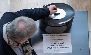 Ein Abgeordneter wirft bei der namentlichen Abstimmung über den Gesetzentwurf der Koalition in eine Wahlurne. - picture alliance/dpa Ein Abgeordneter wirft bei der namentlichen Abstimmung über den Gesetzentwurf der Koalition in eine Wahlurne. - picture alliance/dpa
