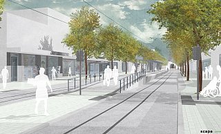 So sieht der Hochbahnsteig am Standort „östlich Germanenstraße" im Verlauf der Hauptstraße in einem ersten Entwurf aus. - Scape Landschaftsarchitekten GmbH So sieht der Hochbahnsteig am Standort „östlich Germanenstraße" im Verlauf der Hauptstraße in einem ersten Entwurf aus. - Scape Landschaftsarchitekten GmbH