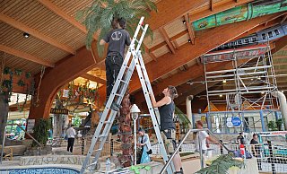 Bühnenmalerin Tamke Oltmanns und Bühnenplastiker Pep Ferrandis ersetzen die Palmwedel der künstlichen Palmen. - Frank-Michael Kiel-Steinkamp Bühnenmalerin Tamke Oltmanns und Bühnenplastiker Pep Ferrandis ersetzen die Palmwedel der künstlichen Palmen. - Frank-Michael Kiel-Steinkamp
