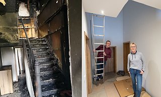 Das Feuer wütete auch im Flur, dieser ist inzwischen renoviert. Das Paar wartet nun auf die neue Treppe. - privat/Niklas Tüns Das Feuer wütete auch im Flur, dieser ist inzwischen renoviert. Das Paar wartet nun auf die neue Treppe. - privat/Niklas Tüns