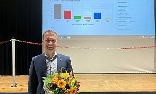 Der Sieger des Abends: Michael Kasche (CDU) wurde mit 50,83 Prozent erneut zum Bürgermeister für Hüllhorst gewählt. Für seine zweite Amtszeit erreichte er die absolute Mehrheit im ersten Wahlgang. - Amelie Halstenberg Der Sieger des Abends: Michael Kasche (CDU) wurde mit 50,83 Prozent erneut zum Bürgermeister für Hüllhorst gewählt. Für seine zweite Amtszeit erreichte er die absolute Mehrheit im ersten Wahlgang. - Amelie Halstenberg