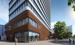 Die auffallende Sockelverblendung am Hochhaus stößt teils auf Kritik. Ihre Genehmigung ärgert Politiker. ENTWURF: Goldbeck - xxx Die auffallende Sockelverblendung am Hochhaus stößt teils auf Kritik. Ihre Genehmigung ärgert Politiker. ENTWURF: Goldbeck - xxx