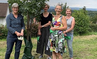 Karin Justus (v. l.), Ute Hansing-Held, Dagmar Allmendinger, Ulrike Meusel an einem Baum mit einem sogenannten Treebag, einem Bewässerungssack. - Karin Justus Karin Justus (v. l.), Ute Hansing-Held, Dagmar Allmendinger, Ulrike Meusel an einem Baum mit einem sogenannten Treebag, einem Bewässerungssack. - Karin Justus