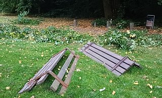 Zerlegte Bänke, nackte Betonsockel und ein Haufen von Grünzeug - Spaziergänger im Grünzug zwischen Uni Bielefeld und Schloßhofstraße waren ratlos. - Ingo Müntz Zerlegte Bänke, nackte Betonsockel und ein Haufen von Grünzeug - Spaziergänger im Grünzug zwischen Uni Bielefeld und Schloßhofstraße waren ratlos. - Ingo Müntz
