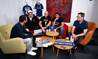 Im Arminia-Talk (v.l.): Dirk Schuster, Daniel Oklitz, Rolf Henrichsmeyer, Lars Wetzel und Gregor Winkler. - Teresa Kroeger Im Arminia-Talk (v.l.): Dirk Schuster, Daniel Oklitz, Rolf Henrichsmeyer, Lars Wetzel und Gregor Winkler. - Teresa Kroeger
