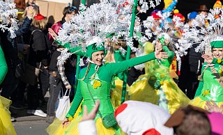 Eine Gruppe geht als Pusteblumen beim Rosenmontagsumzug in Delbrück. - Niklas Tüns Eine Gruppe geht als Pusteblumen beim Rosenmontagsumzug in Delbrück. - Niklas Tüns