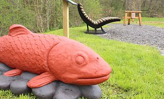 Die Skulptur einer Bachforelle ist am Wisea-von-Westpalen-Platz am östlichen Ortseingang aus Richtung Peckelsheim an der Helmerte platziert. - Burkhard Battran Die Skulptur einer Bachforelle ist am Wisea-von-Westpalen-Platz am östlichen Ortseingang aus Richtung Peckelsheim an der Helmerte platziert. - Burkhard Battran