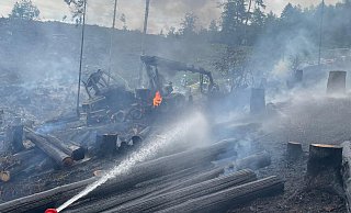 Rund 100 Feuerwehrleute waren im Juni 2023 im Leiberger Wald im Einsatz. Im Hintergrund sind die Überreste des ausgebrannten Harvesters zu sehen. - Feuerwehr Bad Wünnenberg Rund 100 Feuerwehrleute waren im Juni 2023 im Leiberger Wald im Einsatz. Im Hintergrund sind die Überreste des ausgebrannten Harvesters zu sehen. - Feuerwehr Bad Wünnenberg