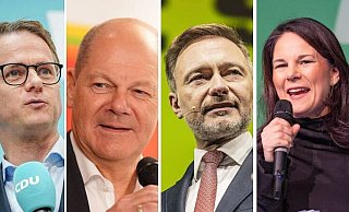 Machen in Bielefeld Wahlkampf: CDU-Generalsekretär Carsten Linnemann (von links), Bundeskanzler Olaf Scholz (SPD), FDP-Vorsitzender Christian Lindner und Bundesaußenministerin Annalena Baerbock (Bündnis 90/Die Grünen). - Imago/Marc John Machen in Bielefeld Wahlkampf: CDU-Generalsekretär Carsten Linnemann (von links), Bundeskanzler Olaf Scholz (SPD), FDP-Vorsitzender Christian Lindner und Bundesaußenministerin Annalena Baerbock (Bündnis 90/Die Grünen). - Imago/Marc John