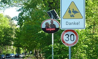 Die Stadt hat aufgerüstet: Außer einem Tempo-30-Schild und dem Hinweis auf die Querung ganzer Entenfamilien soll jetzt auch ein Dialog-Display die Aufmerksamkeit von Autofahrern schärfen. - Sabine Kauke Die Stadt hat aufgerüstet: Außer einem Tempo-30-Schild und dem Hinweis auf die Querung ganzer Entenfamilien soll jetzt auch ein Dialog-Display die Aufmerksamkeit von Autofahrern schärfen. - Sabine Kauke
