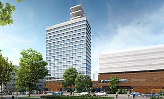 Blick vom Kesselbrink. Das Hochhaus und das benachbarte Parkhaus erhalten mit der Revitalisierung durch Goldbeck eine neue Fassade. - Goldbeck Blick vom Kesselbrink. Das Hochhaus und das benachbarte Parkhaus erhalten mit der Revitalisierung durch Goldbeck eine neue Fassade. - Goldbeck