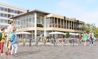 Die Visualisierung der zukünftigen "Café & Bar Celona" am Jahnplatz gilt noch als Entwurf: Die finalen Farben und Materialien der neuen Fassade werden noch abgestimmt. - Visualisierung: Celona GmbH Die Visualisierung der zukünftigen "Café & Bar Celona" am Jahnplatz gilt noch als Entwurf: Die finalen Farben und Materialien der neuen Fassade werden noch abgestimmt. - Visualisierung: Celona GmbH