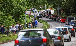 Auf der Dornberger Straße staut sich der Verkehr, weil der Parkplatz des Tierparks überfüllt ist. - Sarah Jonek Auf der Dornberger Straße staut sich der Verkehr, weil der Parkplatz des Tierparks überfüllt ist. - Sarah Jonek