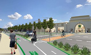 Die Einmündung der Herforder Straße auf die Mindener Straße ist ein zentraler Punkt der bisherigen Planung. Hier teilt sich der Radschnellweg, der aus Richtung Westen kommend bis dahin nur auf der Nordseite geführt wurde, auf beide Straßenseiten auf. Optimistisch ist in der Visualisierung auch schon das E-Center auf dem Fuhrken-Gelände realisiert. - L. Schumacher/Stadt Bad Oeynhausen Die Einmündung der Herforder Straße auf die Mindener Straße ist ein zentraler Punkt der bisherigen Planung. Hier teilt sich der Radschnellweg, der aus Richtung Westen kommend bis dahin nur auf der Nordseite geführt wurde, auf beide Straßenseiten auf. Optimistisch ist in der Visualisierung auch schon das E-Center auf dem Fuhrken-Gelände realisiert. - L. Schumacher/Stadt Bad Oeynhausen