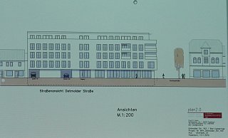 Eine Entwurfszeichnung zum neuen Wohn- und Geschäftshaus an der Detmolder Straße 163 wurde erstmals im Bauausschuss vorgestellt. - Klaus Karenfeld Eine Entwurfszeichnung zum neuen Wohn- und Geschäftshaus an der Detmolder Straße 163 wurde erstmals im Bauausschuss vorgestellt. - Klaus Karenfeld
