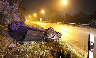 Ende der Fahrt: Der Seat landete nach dem Überschlag auf dem Dach neben der Auffahrt zum Ostwestfalendamm. - Polizei Ende der Fahrt: Der Seat landete nach dem Überschlag auf dem Dach neben der Auffahrt zum Ostwestfalendamm. - Polizei