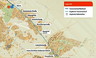Diese Grafik zeigt den aktuell geplanten Trassenverlauf der Stadtbahnlinie 1 nach Sennestadt. In der Nähe einer Haltestelle Kamphof und der A2 könnte eine große P+R-Anlage entstehen. - MoBiel/ Repro: Susanne Lahr Diese Grafik zeigt den aktuell geplanten Trassenverlauf der Stadtbahnlinie 1 nach Sennestadt. In der Nähe einer Haltestelle Kamphof und der A2 könnte eine große P+R-Anlage entstehen. - MoBiel/ Repro: Susanne Lahr