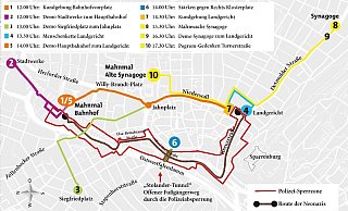 Die rote Linie zeigt, wo die Sperrzone der Polizei verläuft. Ab 11 Uhr ist hier kein Durchkommen mehr. Die ersten Sperrgitter werden ab 8 Uhr installiert. - Grafik: Jürgen Schultheiß Die rote Linie zeigt, wo die Sperrzone der Polizei verläuft. Ab 11 Uhr ist hier kein Durchkommen mehr. Die ersten Sperrgitter werden ab 8 Uhr installiert. - Grafik: Jürgen Schultheiß