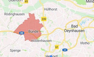 Das Katastrophenwarnsystem Katwarn gibt diesen Bereich in Bünde als betroffen an. - Screenshot Katwarn Das Katastrophenwarnsystem Katwarn gibt diesen Bereich in Bünde als betroffen an. - Screenshot Katwarn