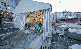 Auf der Jahnplatz-Baustelle sollen die ersten Dächer aufgebaut werden. - Andreas Zobe/NW Auf der Jahnplatz-Baustelle sollen die ersten Dächer aufgebaut werden. - Andreas Zobe/NW