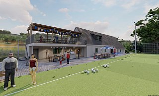 So soll's bald aussehen: Eine große Dachterrasse (vorne) will der TuS-Hoberge ans bestehende Vereinsheim (hinten) anbauen. - Entwurf: Jonek+Dressler Architekten So soll's bald aussehen: Eine große Dachterrasse (vorne) will der TuS-Hoberge ans bestehende Vereinsheim (hinten) anbauen. - Entwurf: Jonek+Dressler Architekten