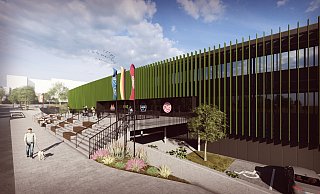 Der Eingangsbereich der "Eisarena". Besucher, die es sich auf der Tribüne bequem machen wollen, nutzen die Treppen. Diejenigen, die aufs Eis wollen, gehen unter den Treppen her. So sollen die Besucherströme getrennt werden. - Visualisierung: Jahn-Group Der Eingangsbereich der "Eisarena". Besucher, die es sich auf der Tribüne bequem machen wollen, nutzen die Treppen. Diejenigen, die aufs Eis wollen, gehen unter den Treppen her. So sollen die Besucherströme getrennt werden. - Visualisierung: Jahn-Group
