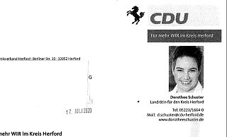 In einem Schreiben an die Unternehmer wirbt Dorothee Schuster für sich als Landrätin mit der Formulierung "Landrätin für den Kreis Herford". - Corina Lass In einem Schreiben an die Unternehmer wirbt Dorothee Schuster für sich als Landrätin mit der Formulierung "Landrätin für den Kreis Herford". - Corina Lass